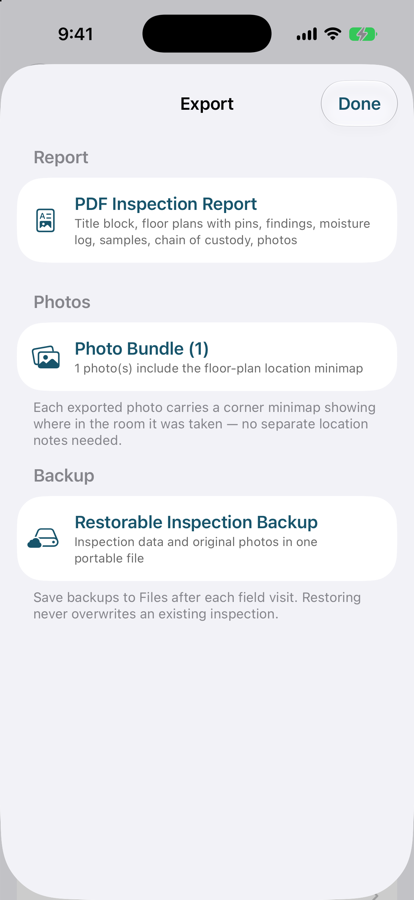 Export screen offering the PDF report, located photos, and a restorable backup