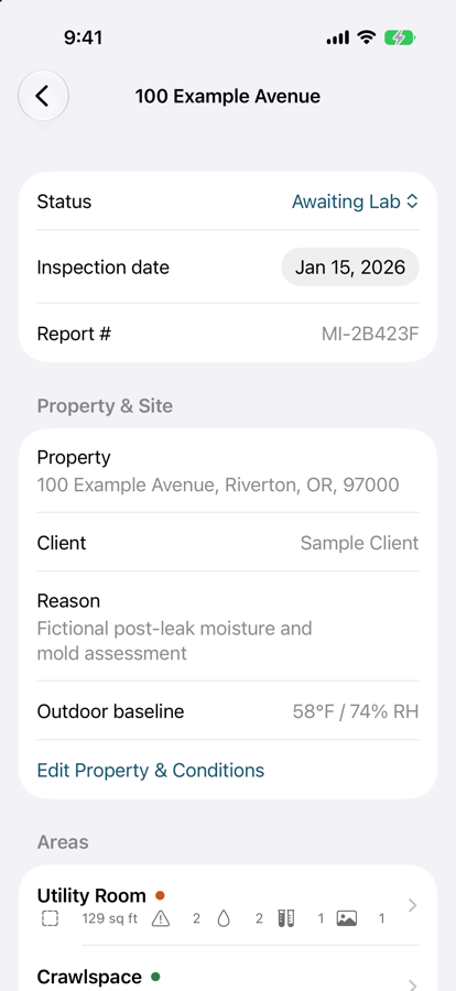 Inspection overview screen listing property, client, areas, and outdoor baselines